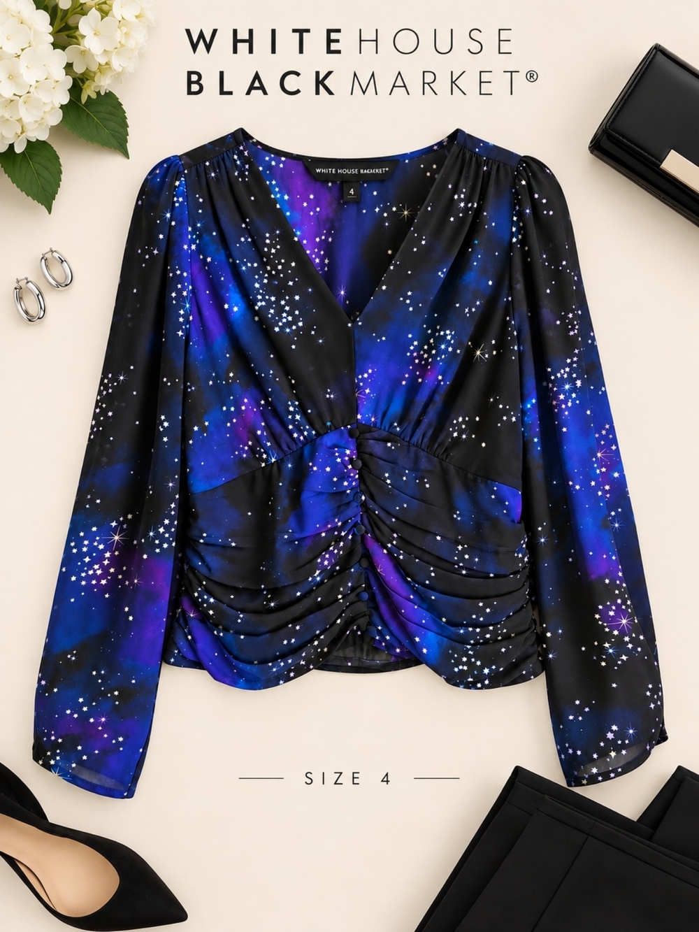EUC WHBM Elegant Celestial Print V-Neck Long Sleeve Blouse, Size 4